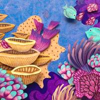 Mixed media artwork featuring a coral reef